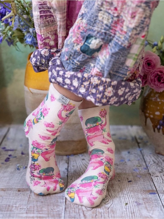 Magnolia Pearl Accessories - Magnolia Pearl Special delivery Elephant floral print socks cotton crew length